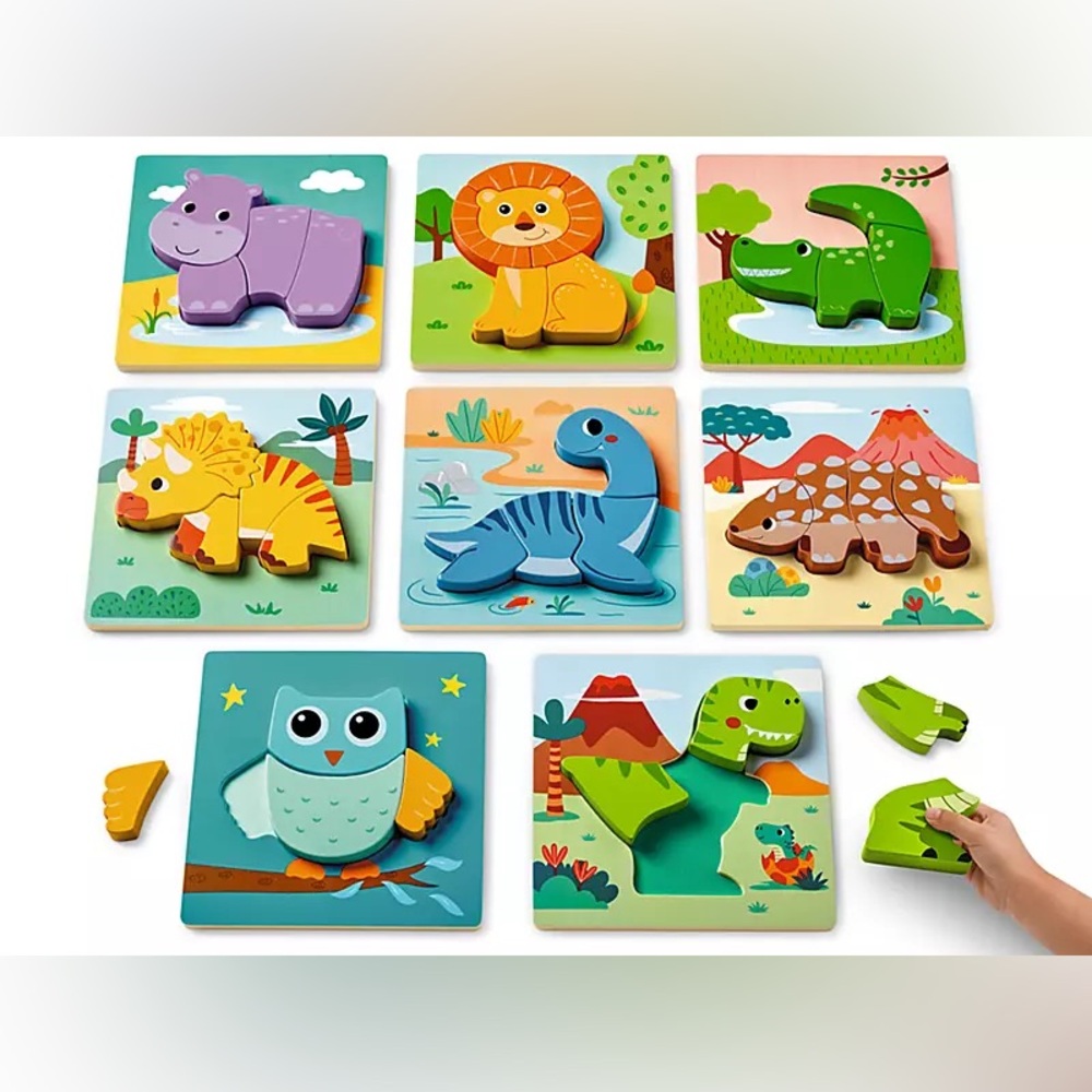Kids Colorful Wooden Animal Puzzle Set Dinosaur Lion Alligator Owl Hippo